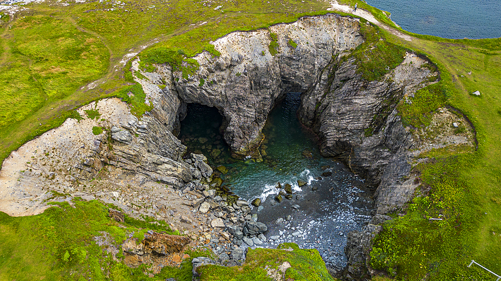 Double arch, Dungeon Provincial Park, Bonavista Peninsula, Newfoundland, Canada, North America