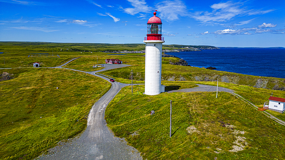 Aerial of Cape Race Lighthouse, Mistaken Point, UNESCO World Heritage Site, Avalon Peninsula, Newfoundland, Canada, North America