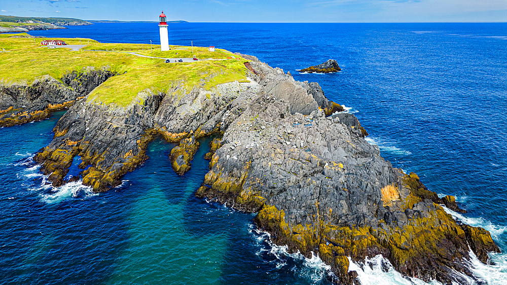 Aerial of Cape Race Lighthouse, Mistaken Point, UNESCO World Heritage Site, Avalon Peninsula, Newfoundland, Canada, North America