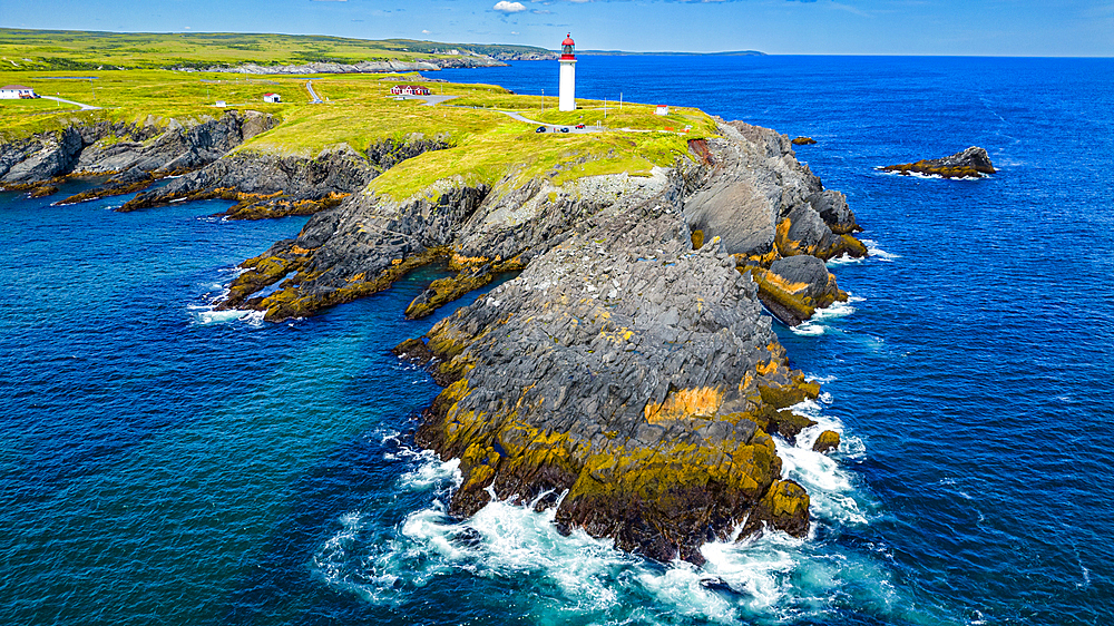 Aerial of Cape Race Lighthouse, Mistaken Point, UNESCO World Heritage Site, Avalon Peninsula, Newfoundland, Canada, North America