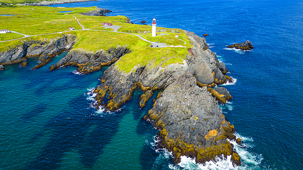 Aerial of Cape Race Lighthouse, Mistaken Point, UNESCO World Heritage Site, Avalon Peninsula, Newfoundland, Canada, North America