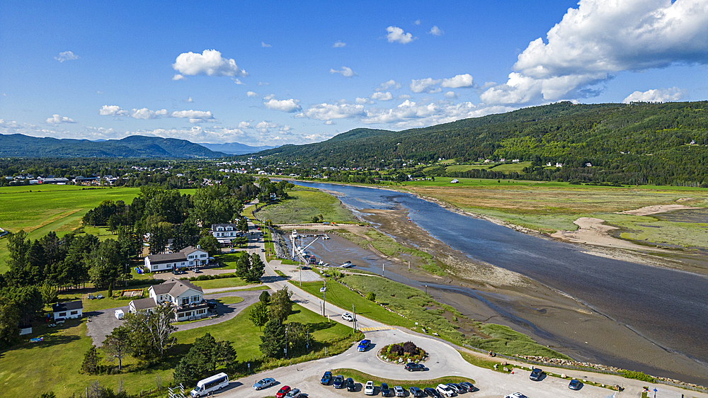 Aerial of the Gouffre River flowing in the St. Lawrence River, Quebec, Canada, North America