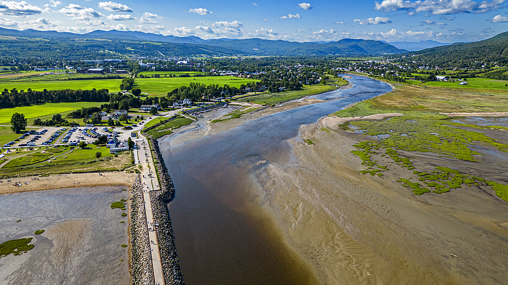 Aerial of the Gouffre River flowing in the St. Lawrence River, Quebec, Canada, North America