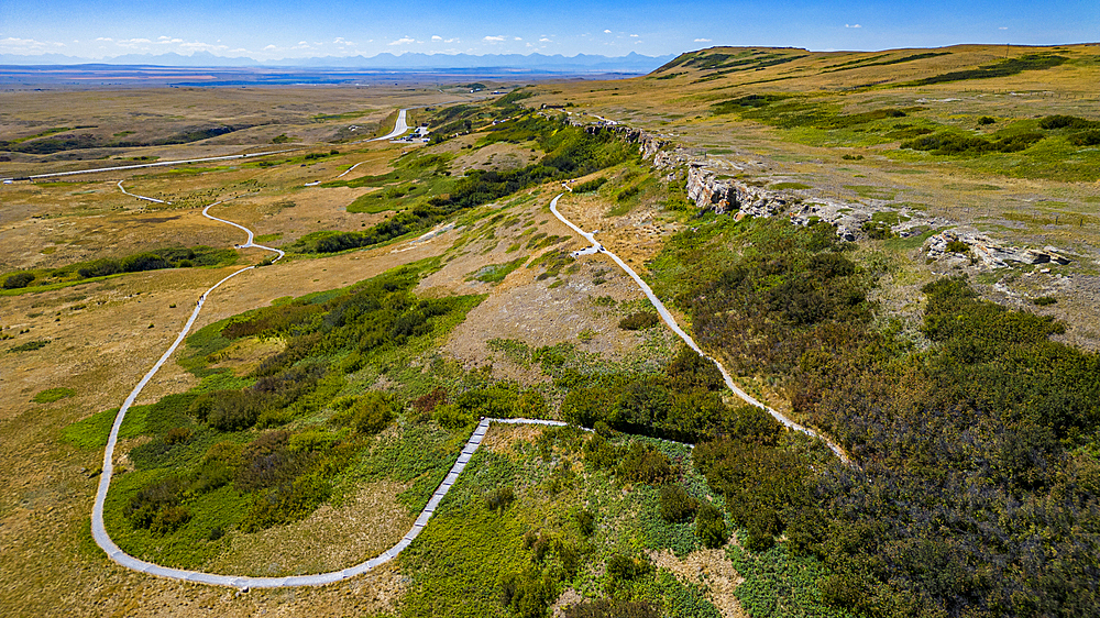 Aerial of the Head Smashed in Buffalo Jump, UNESCO World Heritage Site, Alberta, Canada, North America