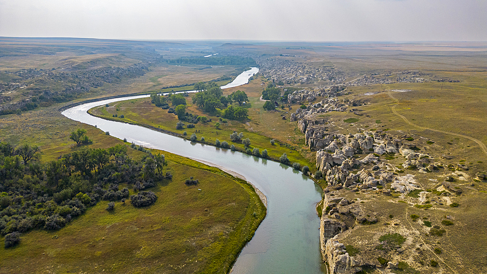 Aerials of Hoodoos along the Milk River, Writing-on-Stone Provincial Park, UNESCO World Heritage Site, Alberta, Canada, North America