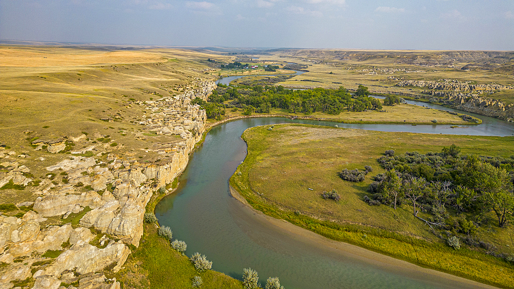 Aerials of Hoodoos along the Milk River, Writing-on-Stone Provincial Park, UNESCO World Heritage Site, Alberta, Canada, North America