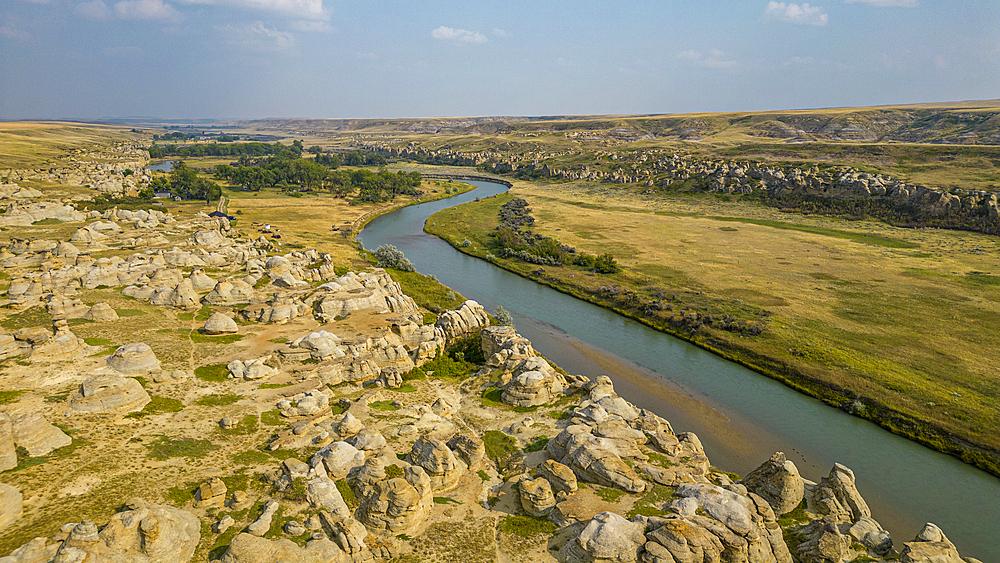 Aerials of Hoodoos along the Milk River, Writing-on-Stone Provincial Park, UNESCO World Heritage Site, Alberta, Canada, North America