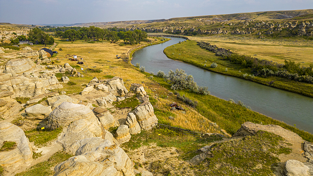 Aerials of Hoodoos along the Milk River, Writing-on-Stone Provincial Park, UNESCO World Heritage Site, Alberta, Canada, North America