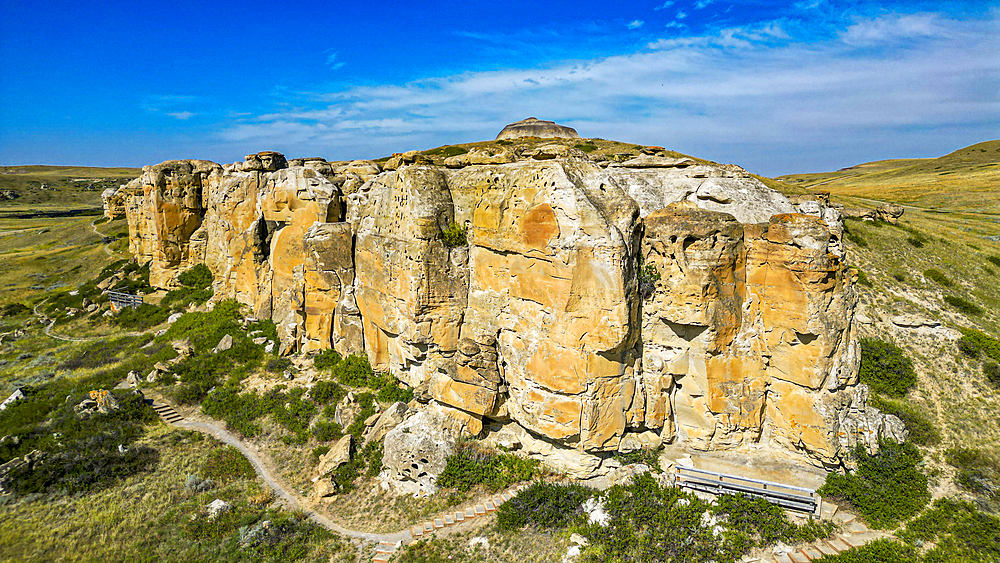 Aerials of Hoodoos along the Milk River, Writing-on-Stone Provincial Park, UNESCO World Heritage Site, Alberta, Canada, North America