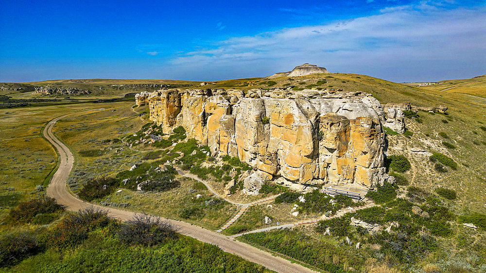 Aerials of Hoodoos along the Milk River, Writing-on-Stone Provincial Park, UNESCO World Heritage Site, Alberta, Canada, North America