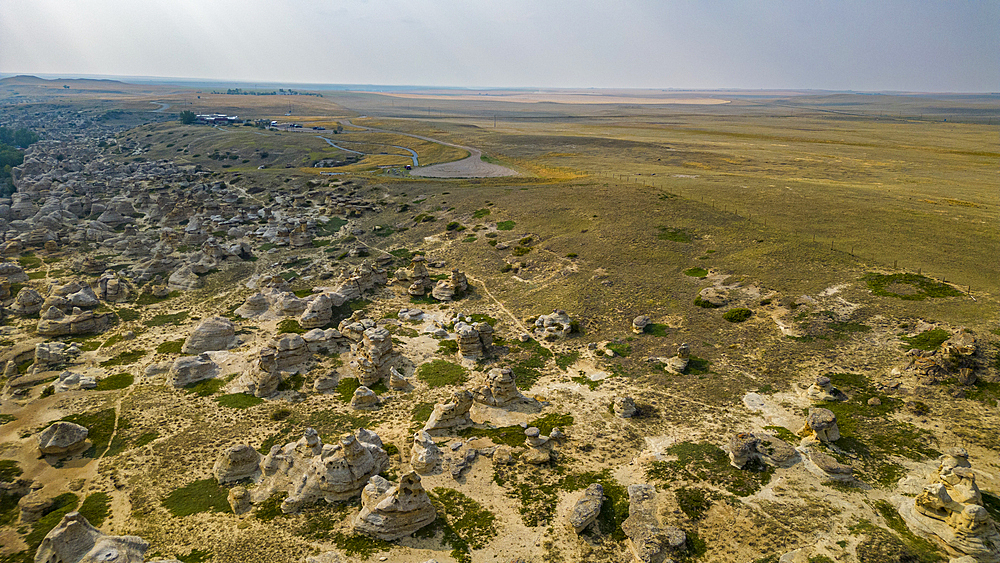 Aerials of Hoodoos along the Milk River, Writing-on-Stone Provincial Park, UNESCO World Heritage Site, Alberta, Canada, North America