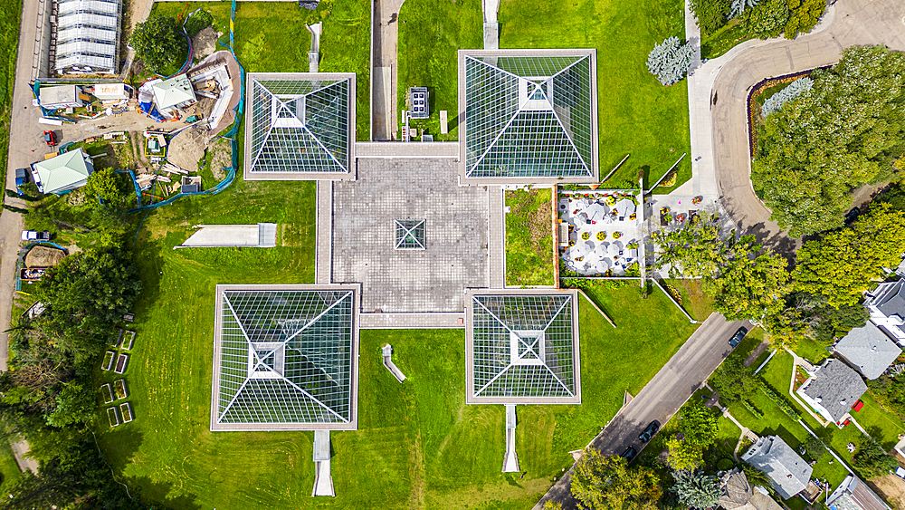 Aerial of the Muttart Conservatory, Edmonton, Alberta, Canada, North America