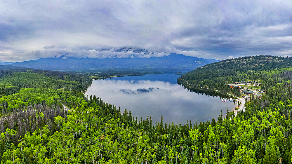 Aerial of Pyramid Lake, Jasper National Park, UNESCO World Heritage Site, Alberta, Canadian Rockies, Canada, North America