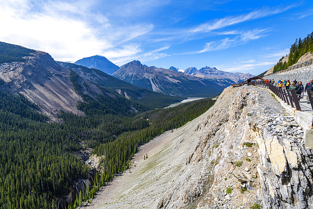 View into the valley from the Columbia Icefield Skywalk, Glacier Parkway, Alberta, Canada, North America