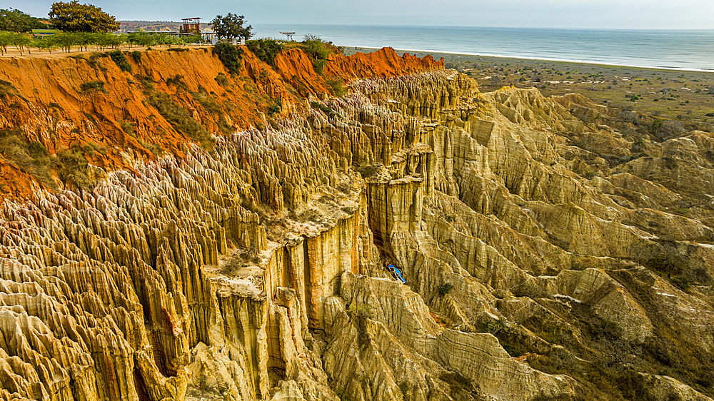 Aerial of the sandstone erosion landscape of Miradouro da Lua (Viewpoint of the Moon), south of Luanda, Angola, Africa