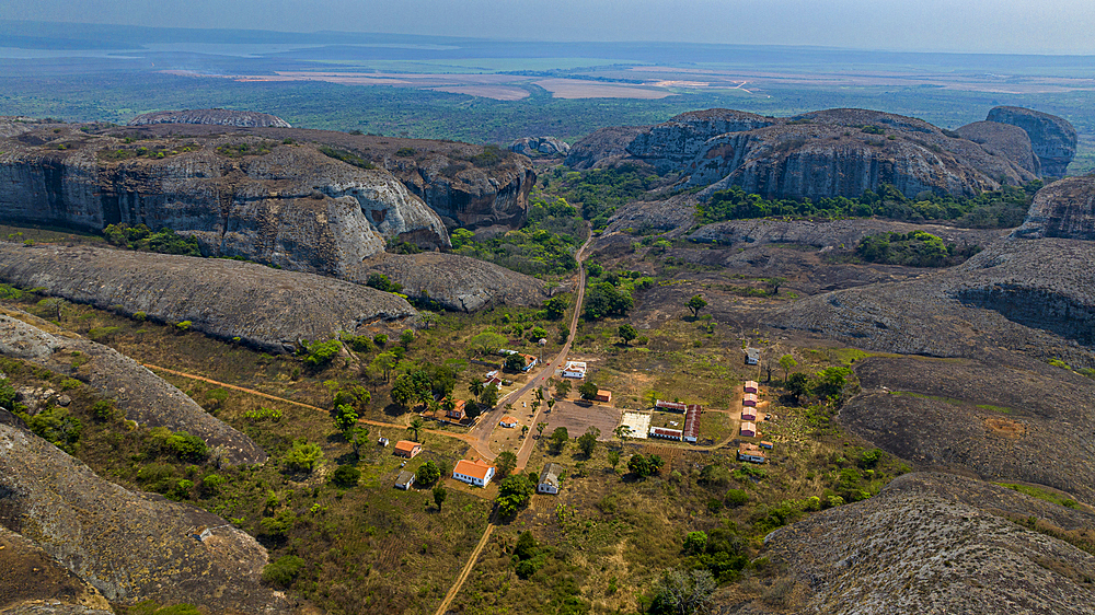 Aerial of black rocks of Pungo Andongo, Malanje, Angola, Africa