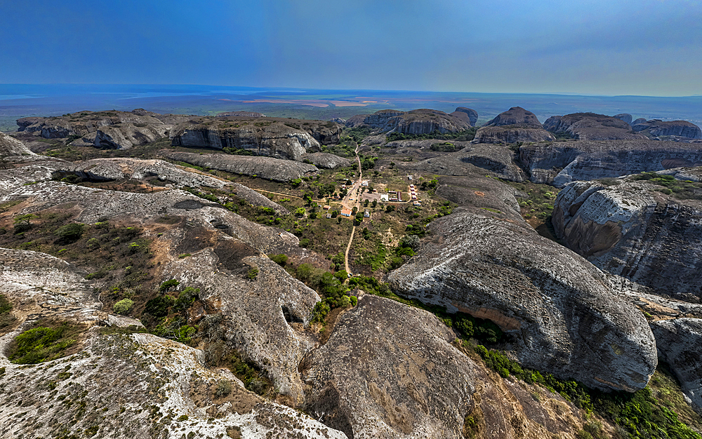 Aerial of black rocks of Pungo Andongo, Malanje, Angola, Africa