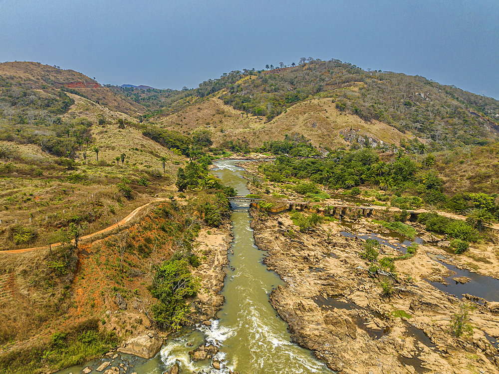 Aerial of Cuvo River (Rio Keve), near confluence with Toeota River, Six Arches Bridge, Conda, Kumbira Forest Reserve, Kwanza Sul, Angola, Africa