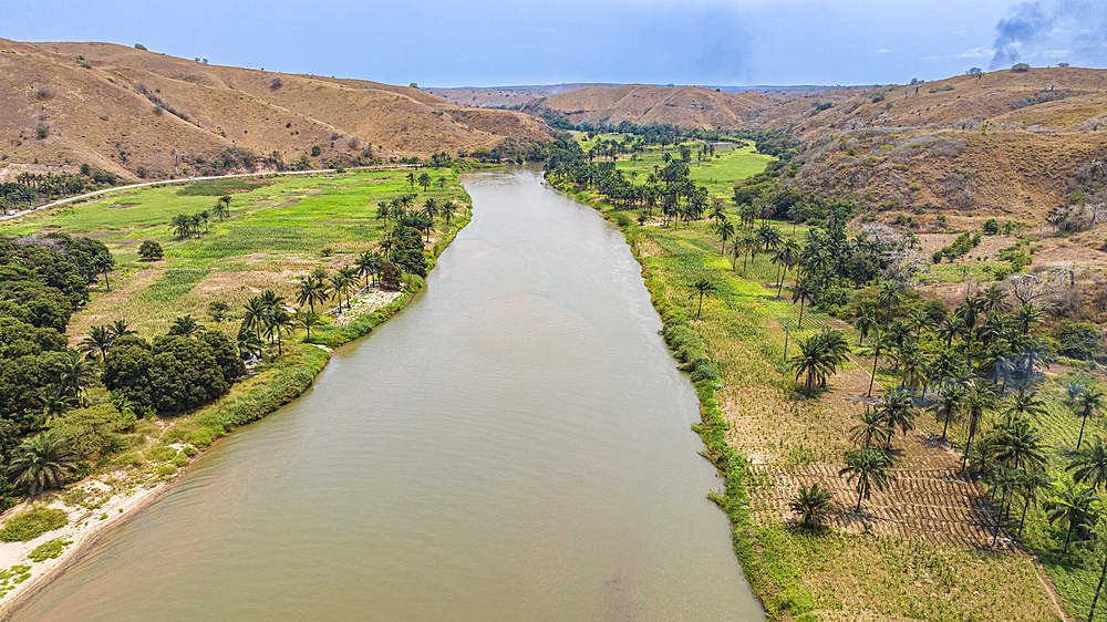 Aerial of the Cuvo River (Rio Keve) near the Binga waterfalls, Kwanza Sul, Angola, Africa