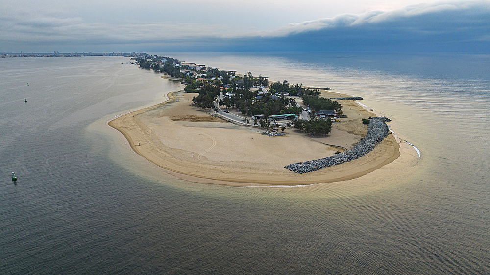 Aerial of the long sandy peninsula, Lobito, Angola, Africa