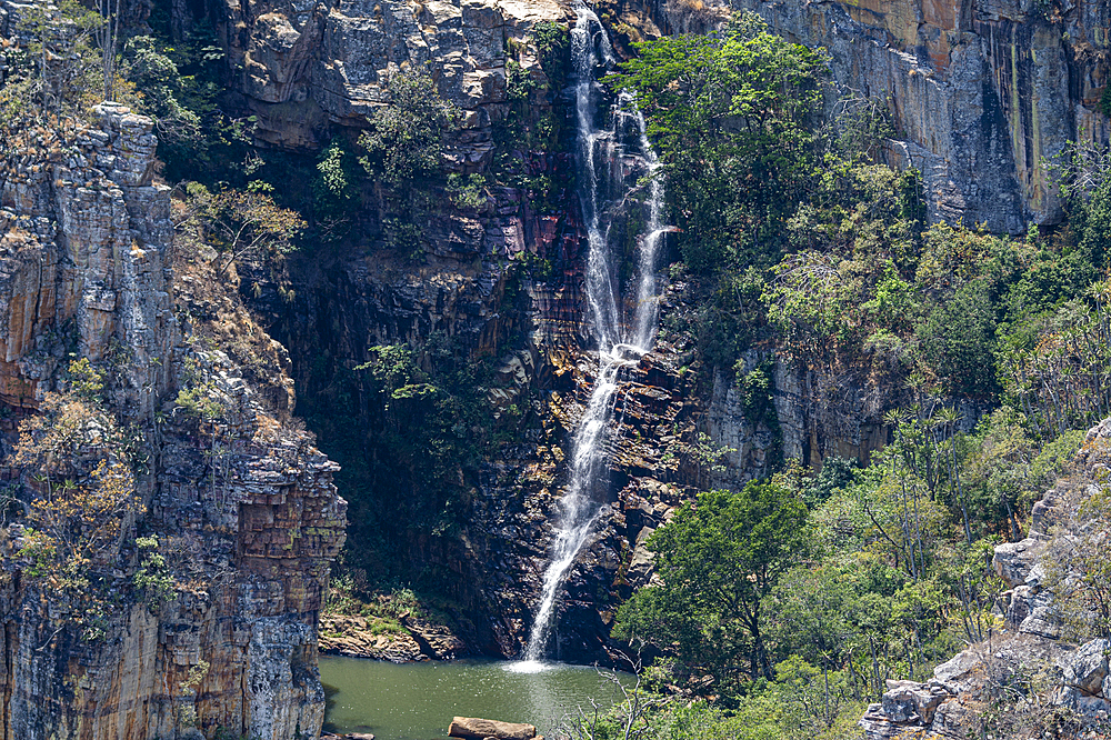 Aerial of a waterfall at the Serra da Leba mountain pass, Angola, Africa