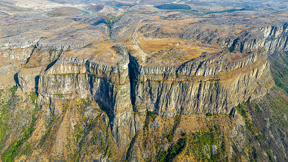 Aerial of the Tundavala Gap, great escarpment Serra da Leba, Lubango, Angola, Africa