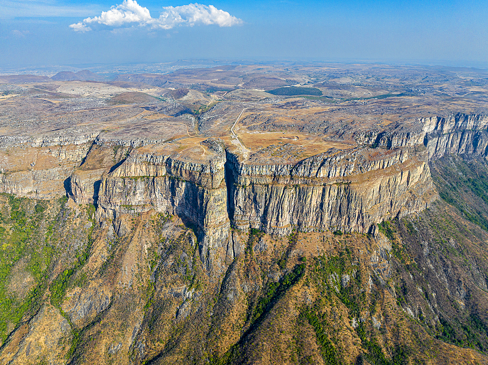 Aerial of the Tundavala Gap, great escarpment Serra da Leba, Lubango, Angola, Africa