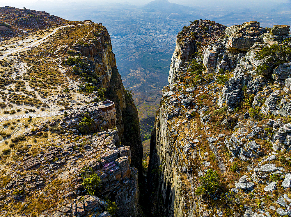 Aerial of the Tundavala Gap, great escarpment Serra da Leba, Lubango, Angola, Africa