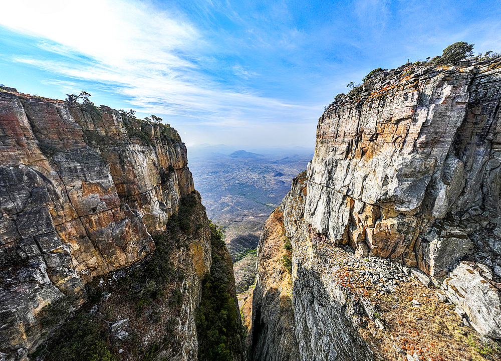 Aerial of the Tundavala Gap, great escarpment Serra da Leba, Lubango, Angola, Africa