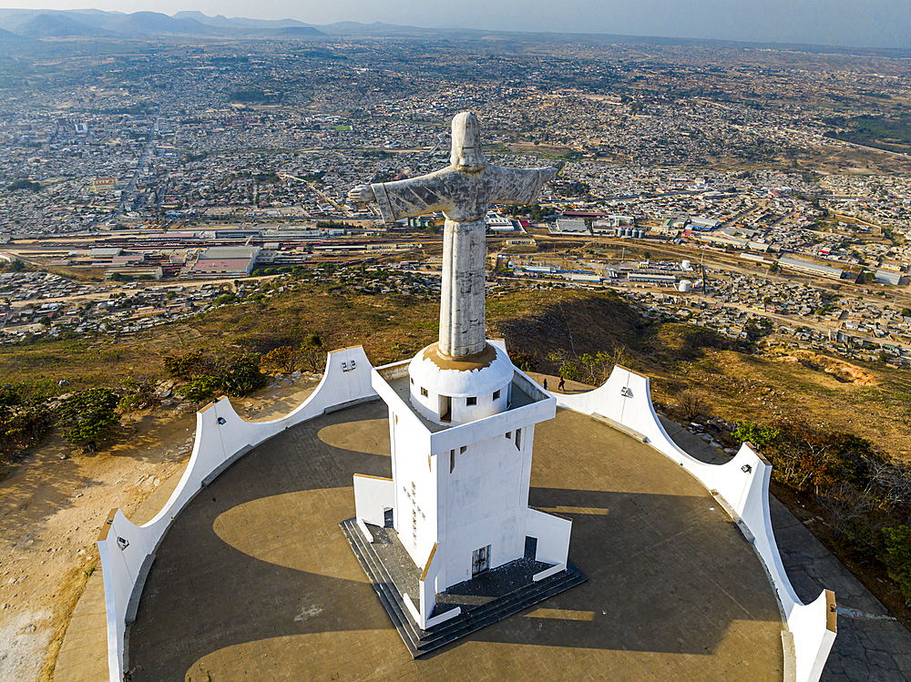 Aerial of the Christ the King Statue, overlooking Lubango, Angola, Africa