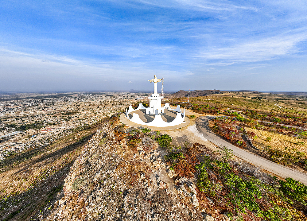 Aerial of the Christ the King Statue, overlooking Lubango, Angola, Africa