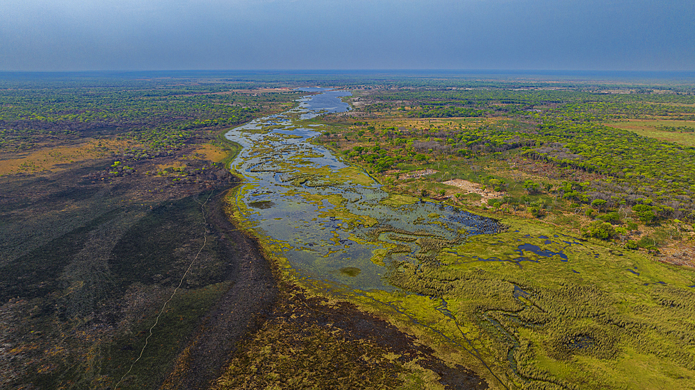 Aerial of the Mundolola lagoon, Moxico, Angola, Africa