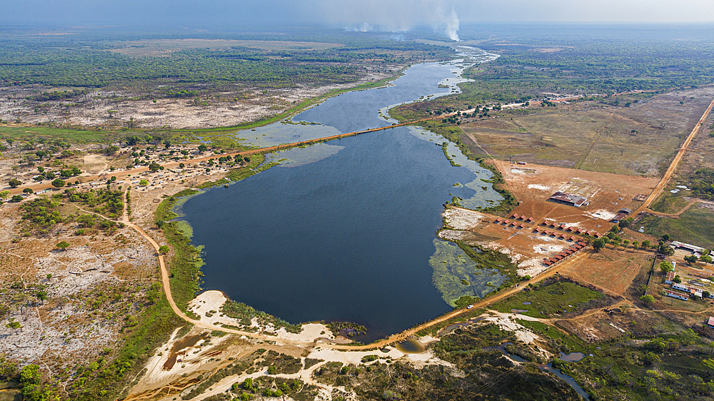 Aerial of the Mundolola lagoon, Moxico, Angola, Africa