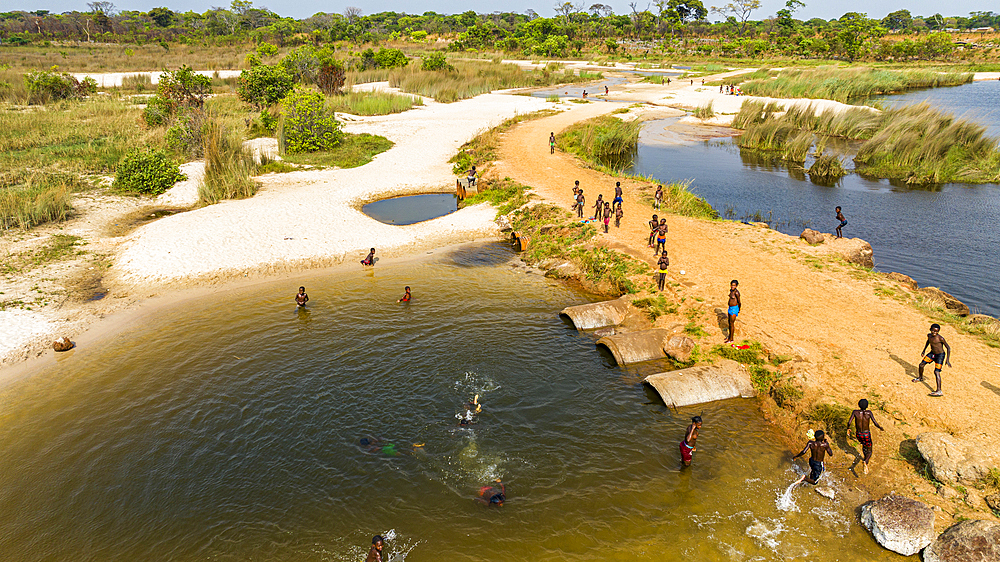 Aerial of the Mundolola lagoon, Moxico, Angola, Africa