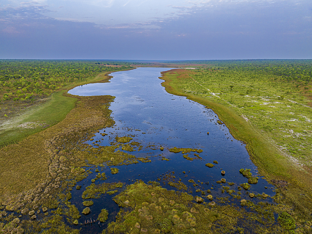 Aerial of the Sacasanje lagoon, Moxico, Angola, Africa