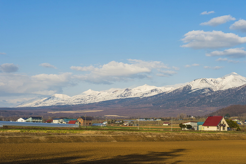 Farmland below the mountains of the Daisetsuzan National Park, UNESCO World Heritage Site, Furano, Hokkaido, Japan, Asia