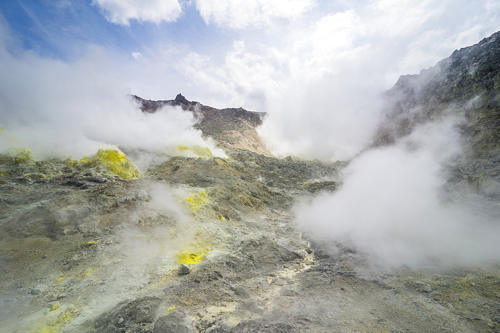 Sulphur pieces on Iozan (sulfur mountain) active volcano area, Akan National Park, Hokkaido, Japan, Asia