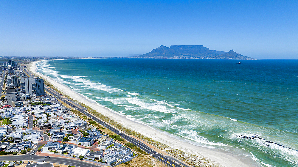 Aerial of Bloubergstrand Beach with Table Mountain in the background, Table Bay, Cape Town, South Africa, Africa