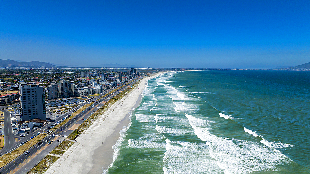 Aerial of Bloubergstrand Beach with Table Mountain in the background, Table Bay, Cape Town, South Africa, Africa