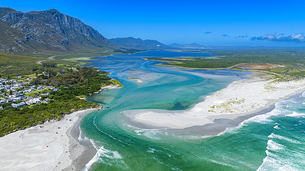 Aerial of the Klein River Lagoon, Hermanus, Western Cape Province, South Africa, Africa