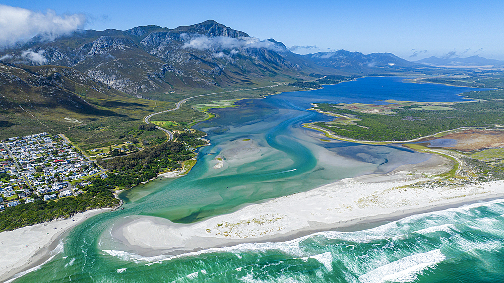 Aerial of the Klein River Lagoon, Hermanus, Western Cape Province, South Africa, Africa