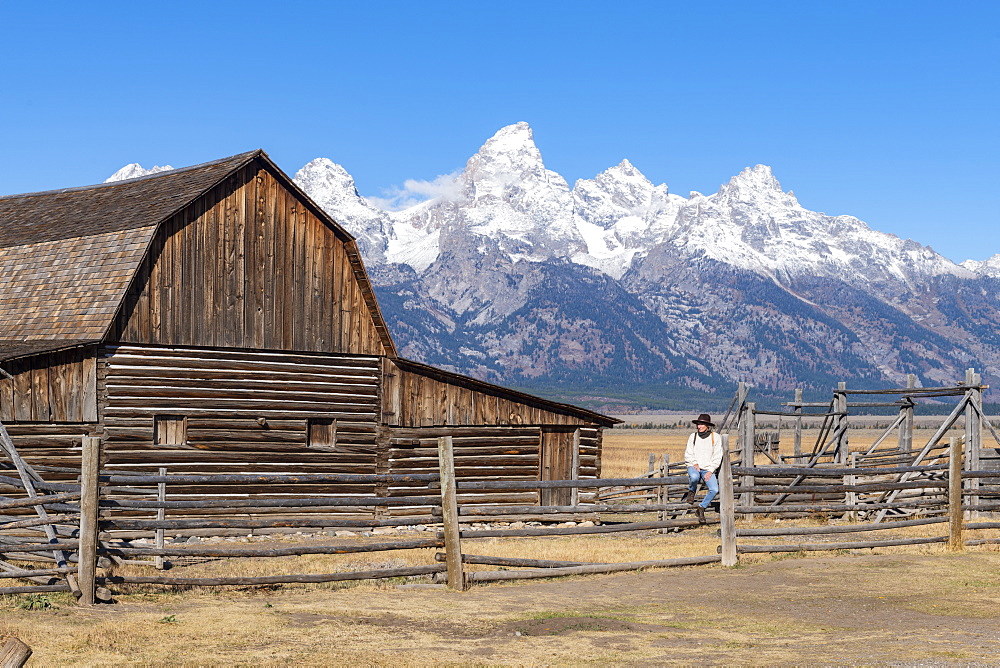 Mormon Row and Teton Range, Grand Teton National Park, Wyoming, United States of America, North America