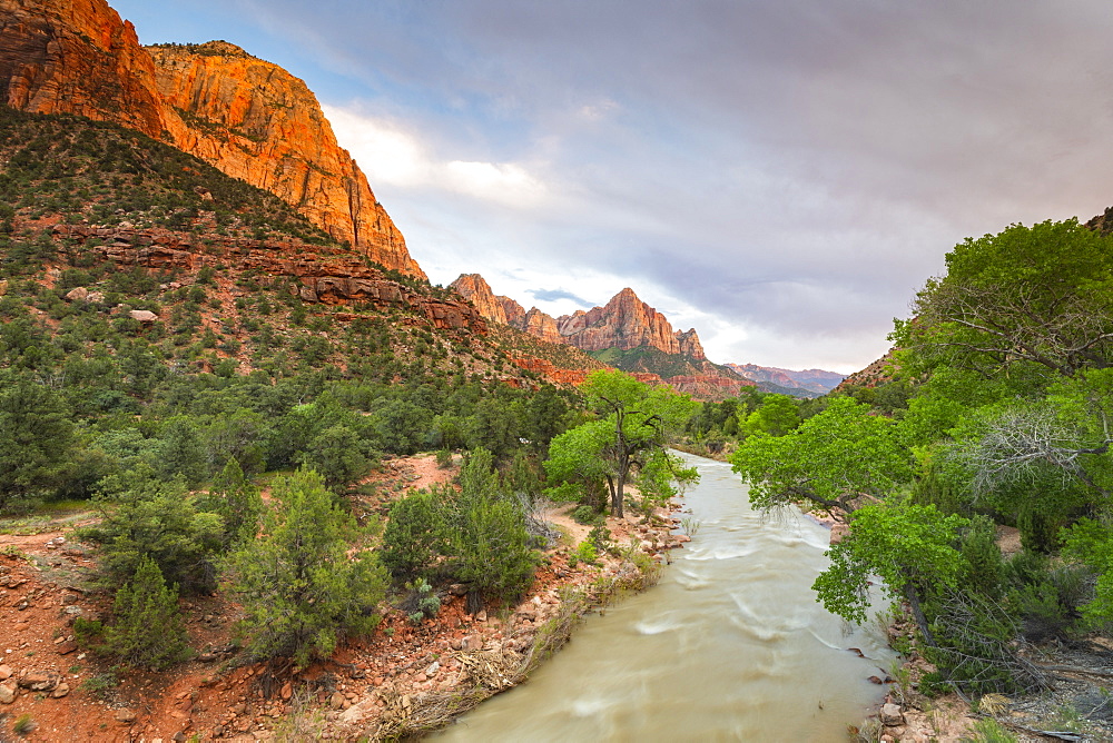 View down the Virgin River to the Watchman, Zion National Park, Utah, United States of America, North America