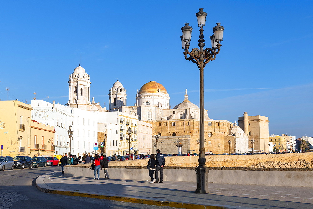 Santa Cruz Cathedral seen from the promenade along quayside, Cadiz, Andalusia, Spain, Europe