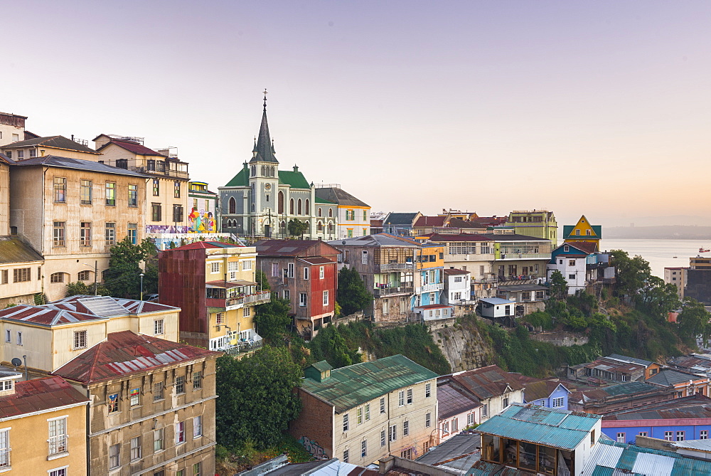 Sunrise over the colourful buildings of Valparaiso, Chile, South America