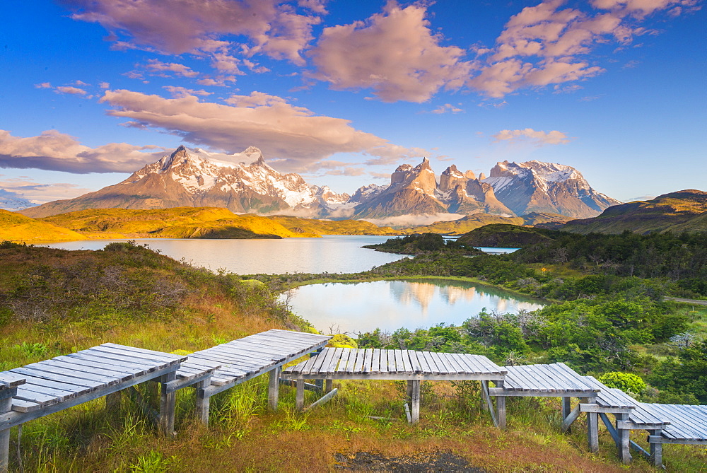 Sunrise over Lake Pehoe, Torres Del Paine National Park, Patagonia, Chile, South America