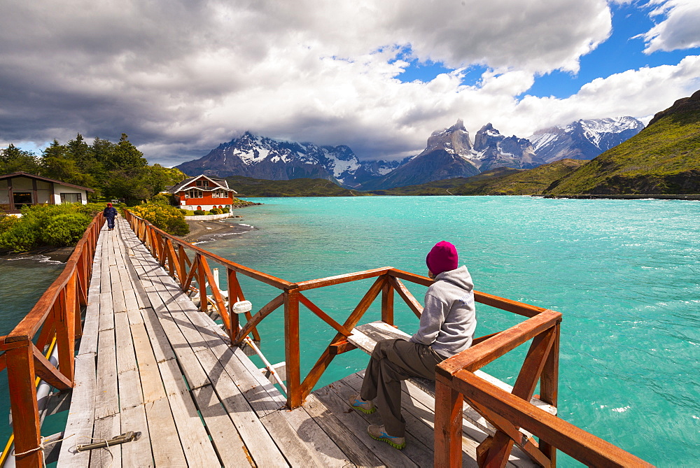 Woman enjoying the view, Torres Del Paine National Park, Patagonia, Chile, South America