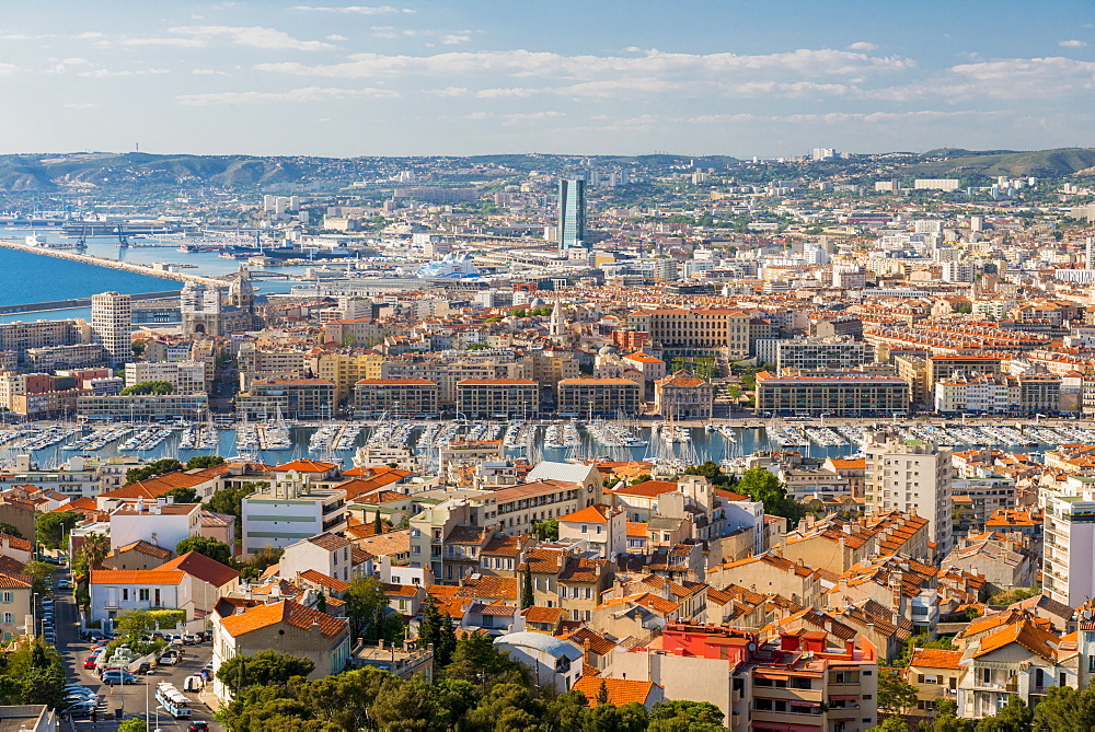 View over the Old port from Notre Dame, Marseille, Bouches du Rhone, Provence, Provence-Alpes-Cote d'Azur, France, Mediterranean, Europe