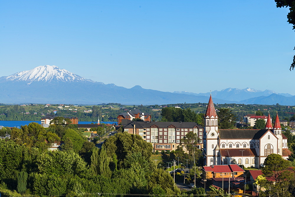 View over the church to lake Llanquihue and Volcan Osorno, Puerto Varas, Chilean Lake District, Los Lagos, Chile, South America