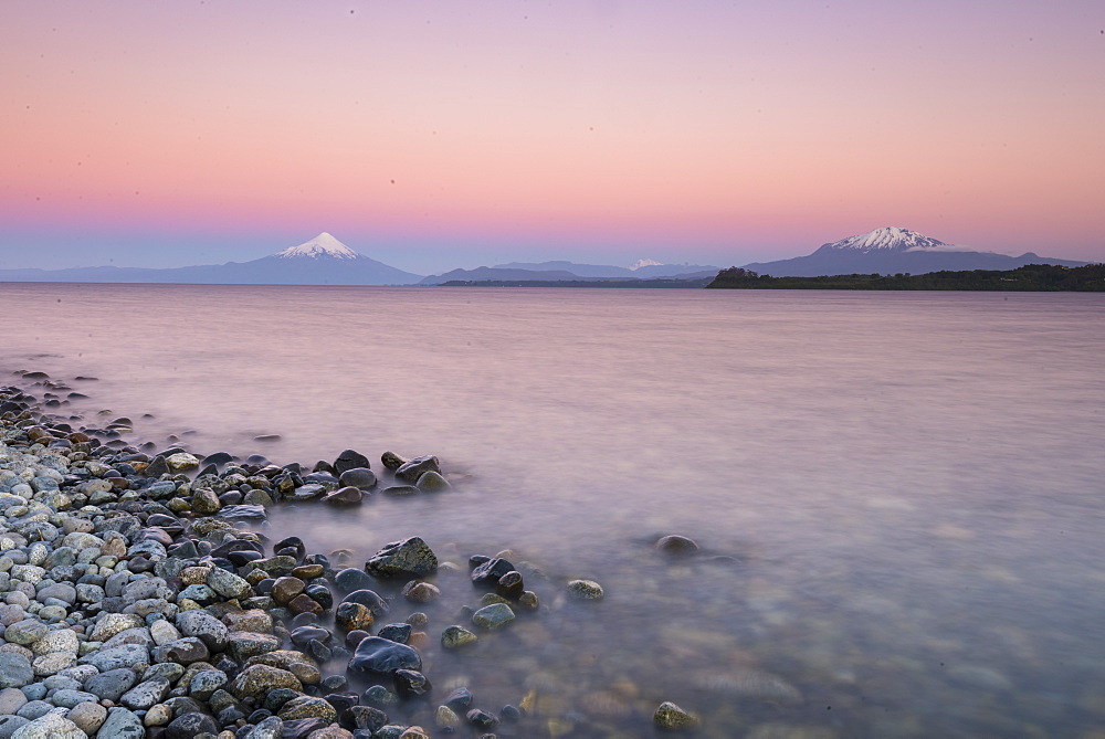 Sunset over lake Llanquihue and Volcan Osorno, Puerto Varas, Chilean Lake District, Los Lagos, Chile, South America